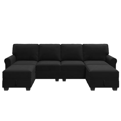 HONBAY Sectional Sofa with Storage Seat Velvet U Shaped Sectional Couch with Reversible Chaise Convertible Sectional Couches for Living Room,Black Velvet