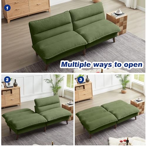 Chireca 72" Futon Sofa Bed, Convertible Futon Couch with Adjustable Backrest, Modern Corduroy Sleeper Sofa for Small Spaces, Living Room, Office, Green Chireca