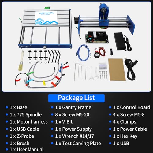 WolfPawn CNC Router Machine 3018 Blue All-Metal for Beginner with Emergency-Stop 3 Axis GRBL Control Engraving Machine Milling Carving for Wood Acrylic MDF PVC Plastic, 300X180X60mm (775Motor - WoodArtSupply