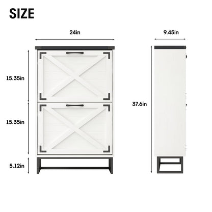 Maupvit 24" W Farmhouse Shoe Cabinet Storage for Entryway, Freestanding Organizer with 2 Flip Drawers, Narrow Shoe Rack Cabinet with Metal Corner Decoration, White - WoodArtSupply