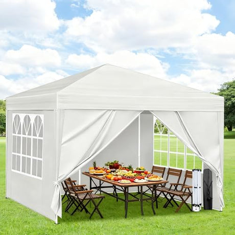 10X10FT White Pop Up Canopy Party Tent, Outdoor Commercial Instant Gazebo with 4 Removable Sidewalls for Events, Wedding, Backyard, Patio, Easy Set Up Sun Shade with Carrying Bag Usnipoya