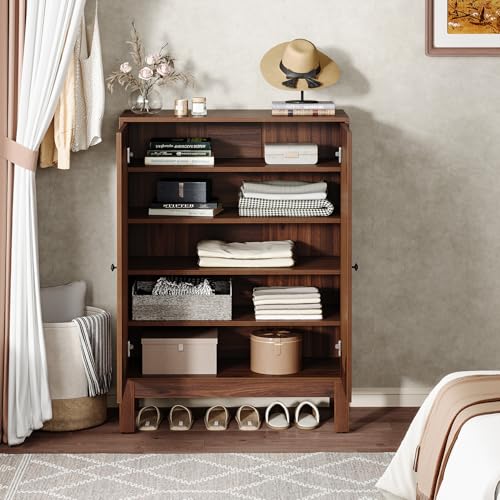 Tribesigns Shoe Cabinet with Doors, 5-Tier Shoe Storage Cabinet with Adjustable Shelves, 20 Pairs Wooden Shoe Rack Organizer, Tall Narrow Shoe Cabinet for Entryway, Hallway, Living Room, Walnut Tribesigns