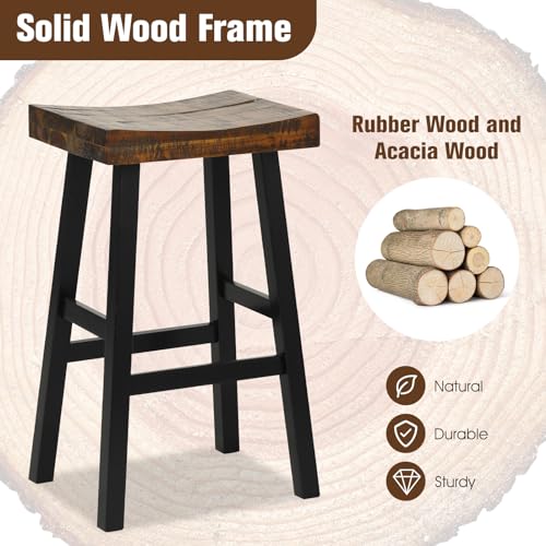 Giantex Bar Stools Set of 2, 29" Bar Height Saddle Stools, Bar Dining Chairs with Rubber Wood Frame & Footrest, Backless Barstools for Kitchen Island, Dining Room, Pub, Rustic Brown - WoodArtSupply