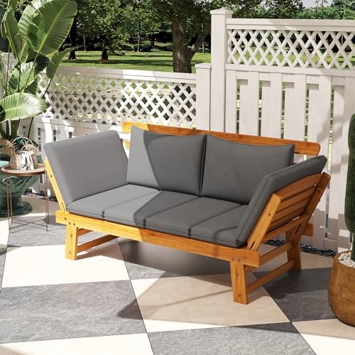 Outsunny Grey Wooden Garden Bench with Cushions and Adjustable Armrests for Outdoor Spaces - WoodArtSupply