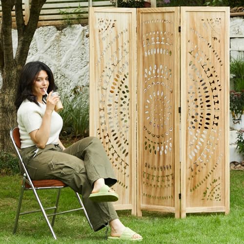 Svimi Room Divider Wood Carved Wall Divider Indoor Folding Bohemian Style Portable Partition Screen for Home Office Garden Terrace - 3 Panels (Natural) Svimi