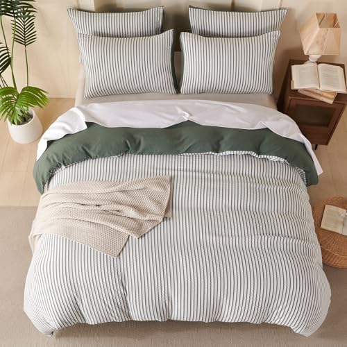 TISPLR King Duvet Cover Set Striped Washed Microfiber Jacquard 3 Pieces Bedding Set, Green White Vertical Ticking Stripes Pattern Comforter Cover with Zipper Closure Breathable Durable Soft Comfy TISPLR