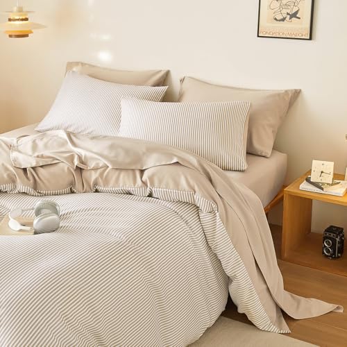 Wake In Cloud - Striped Comforter Set, Ticking Stripe Vertical Pinstripe Neutral Farmhouse Pattern Printed, Soft Lightweight Bedding, 3 Pieces, Light Brown White, Twin/Twin XL Size Wake In Cloud