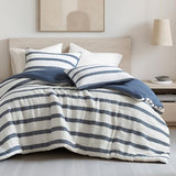 Madison Park Essentials Striped Comforter Set Twin Size, Yarn-Dyed Reversible Comforter with Minimalist Stripes, Crinkled Texture Bedding Set for All-Season Lightweight Warmth, Merritt Blue Madison Park