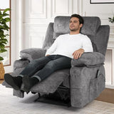 linting Overstuffed Massage Recliner Chair with Heat, Wide Seat Reclining Chair for Home Theater, Heated Massaging Manual Recliner Chairs with Cup Holders, Grey