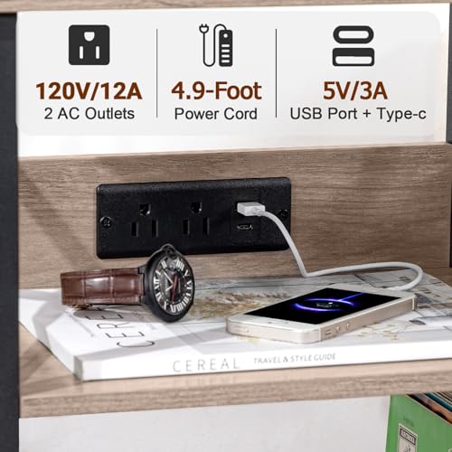 AMHANCIBLE Record Player Stand with Charging Station, Turntable Stand with Storage Cabinet, 3 Tier End Table Hold Up to 100 Albums, Record Stand for Vinyl, Living Room, Greige, HETCD01GY-1 AMHANCIBLE