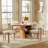 HAIZAO Large Retro Dining Table Set for 4, Modern Oval Kitchen Table Set with 4 Upholstered Chairs, Solid MDF Table with 2-Layer Storage Shelf and Wood Slide Door, Luxury Beige Chenille Chairs HAIZAO