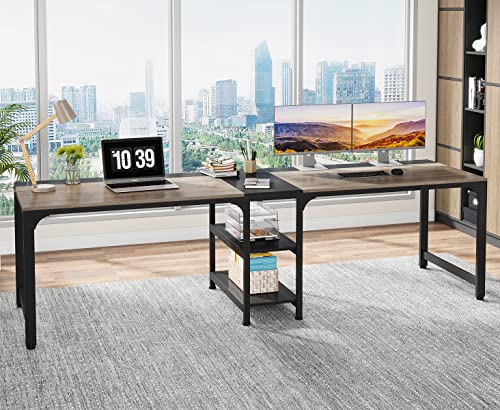 Tribesigns 90.55'' 2 Person Desk with Storage Shelves, Double Computer Desk with Spacious Desktop, Extra Long Study Writing Table Workstation for Home Office (Black & Gray) Tribesigns