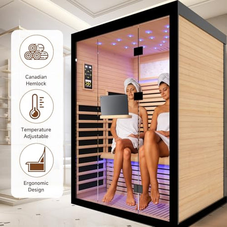 OUTEXER 2 Person Infrared Sauna Room Far Infrared Saunas Home Canadian Hemlock Indoor 2100W Low-EMF Dry Saunas with Oxygen Bar 7 Color Therapy 53.1 * 47.2 * 74.8inch OUTEXER