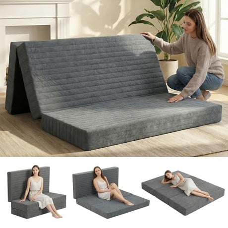 Erament 6-Inch Tri-Fold Mattress Full Size, Covertible Bed Floor Futon Mattress with Handles & Non-Slip Bottom, Foldable Mattress with Removable Tufted for Guest, Camping, Dorm Erament