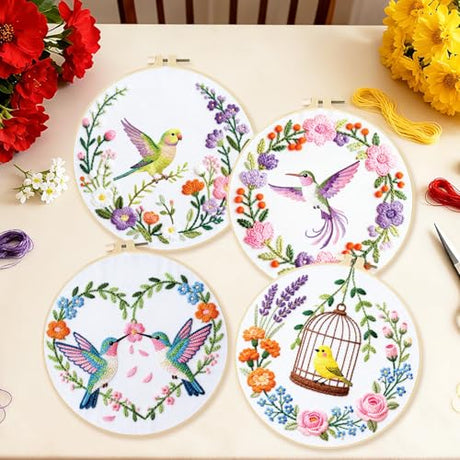 BEUNITONE 4 Set Embroidery Kit for Beginners, Wreath and Bird Cross Stitch Kits, Needlepoint Kits for Adults with Instructions and Full Kit, Elegant Hand Embroidery Patterns for Cloth and Home Decor BEUNITONE