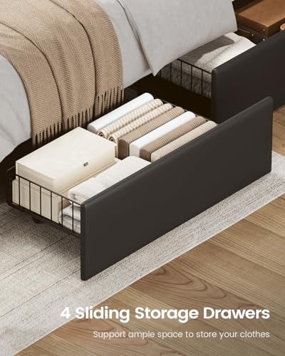 AOGLLATI Upholstered Queen Bed Frame with RemovableThick Backrest Headboard, Led Bed Frame Queen Size with 4 Storage Drawers and Charging Station, No Spring Box Needed, Black AOGLLATI