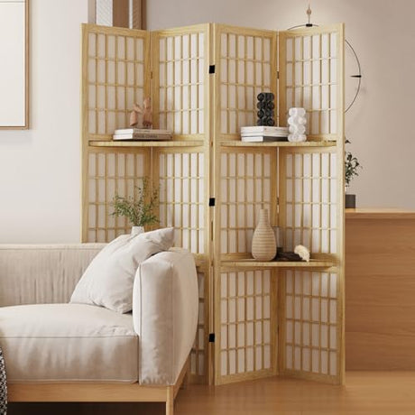 Room Divider with Shelves, 66.9-Inch Tall Japanese Shoji Style Wood Screen with Double Hinges for Home Office Bedroom Hotel Decoration (4 Panels, Natural) Svimi