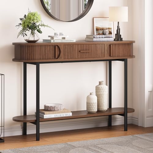 ONBRILL 47 Inch Fluted Console Table with Drawers, Entryway Table with Storage, Oval Sofa Tables Behind Couch, Mid-Century Modern Hallway Tables for Entryway, Hallway, Small Spaces, Walnut ONBRILL