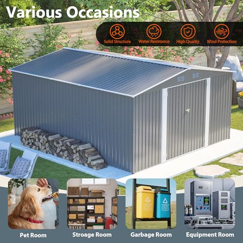 YOPTO 12x14FT Outdoor Storage Shed Metal Shed W/Floor Frame,Garden Tool House W/ 4 Air Vents,Lockable Double Doors & Sloped Roof,for Patio,Lawn,Backyard,Light Gray YOPTO