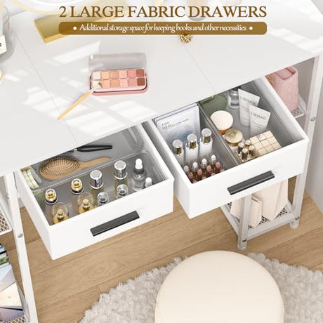 ThreeHio White Vanity Desk No Mirror, Small Makeup Table with Drawers, Girls Vanity Dressing Table with Storage Shlef for Bedroom, 37.3 Inches Compact Vanity for Small Spaces ThreeHio