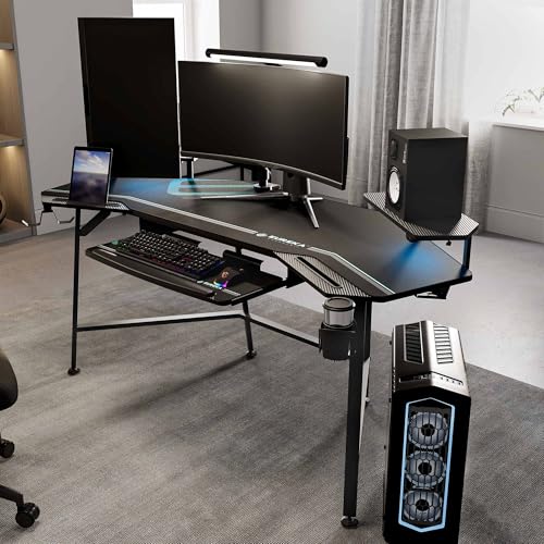 EUREKA ERGONOMIC Aero 72 Inch Gaming Desk with Keyboard Tray, Large Computer Desk Led Lights, Wing-Shaped Monitor Stand Dual Headphone Hanger Cup Holder for Studio,Streamer,Live,Black EUREKA ERGONOMIC