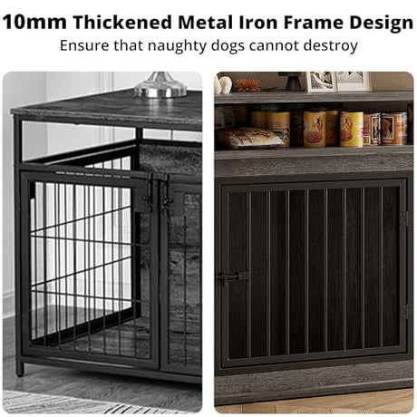IRONCK 51" Corner Wooden Dog Crate Furniture with 2-Tier Shelves, Pet Kennel for Large Dogs, Space-Saving Dog Cage Indoor, Rustic Brown (26.7" L x 51.2" W x 33.5" H) IRONCK