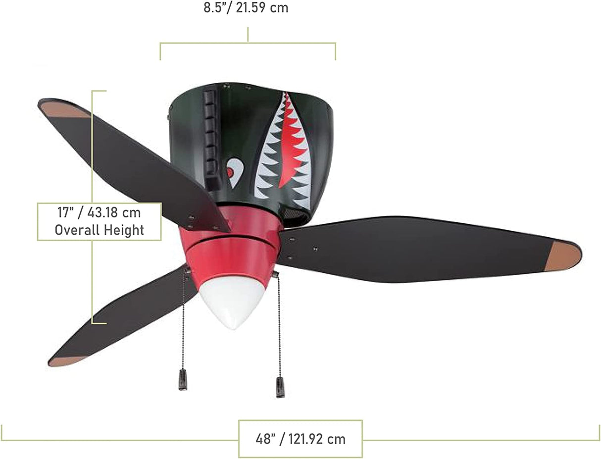 Craftmade Kids Ceiling Fan Boys WB348TS Tiger Shark Warplane With Light, 48-Inch 3 Blade Hugger Ceiling Fan Craftmade
