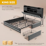 YITAHOME King Size Bed Frame with RGB LED Lights & Storage Bookcase Headboard, Upholstered Bed with Charging Station and 4 Drawers, No Box Spring Needed, Easy Assembly, Noise-Free, Velvet Grey YITAHOME