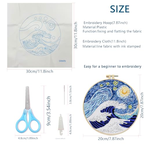 Zhenqing Wave & Starry Sky Embroidery Kit - 29x29cm Printed Fabric, Hoop & Full Tools for Beginners(S-CX0470)