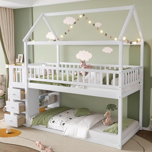 Bellemave Bunk beds Twin Over Twin Size with Drawers and Shelves Storage, Floor bunk Bed,White Bellemave