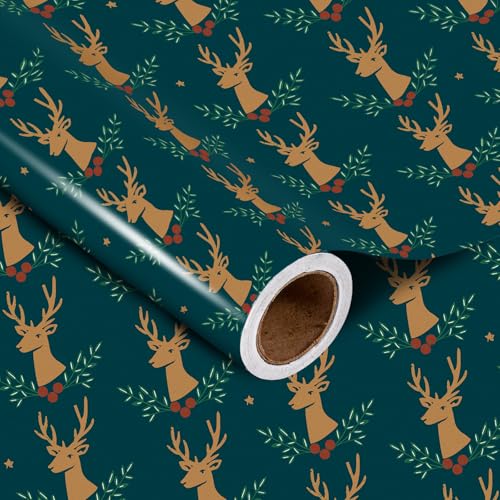 WRAPAHOLIC Christmas Wrapping Paper Roll - 17 Inch x 16.4 Feet per Roll - Dark Green Mini Roll, Reindeer Design Perfect for Christmas Holiday Gift Packing WRAPAHOLIC