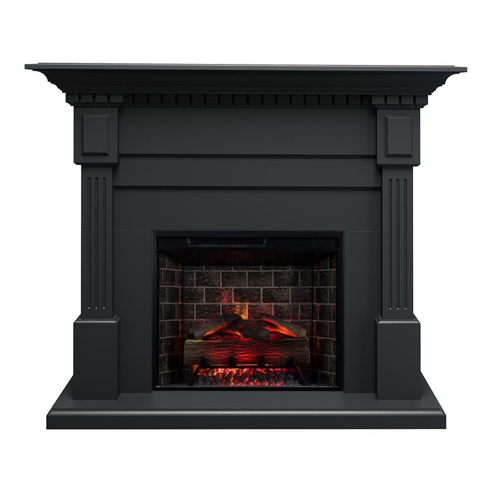 Modern Ember Augustine Black Mantel Package 55" W x 48" H with 28 Inch Electric Fireplace Insert - 1,000 Sq Ft Heater 4 Flame Colors, Ember Bed Included | Compatible with Alexa and Google Assistant Modern Ember