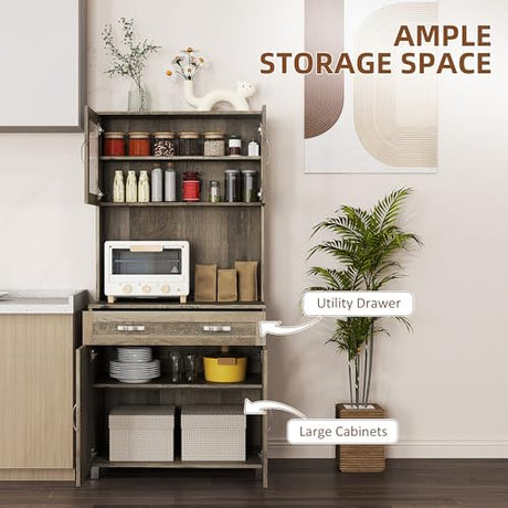 HOMCOM 67" Pantry Cabinet, Modern Kitchen Hutch, Freestanding Storage Cabinet with Glass Doors, Adjustable Shelves and Drawers for Home, Dining Room, Living Room, Gray HOMCOM