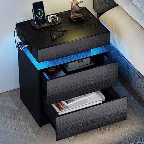 LIKIMIO Night Stand with Charging Station, Modern Black Nightstand with LED Light and Drawers, Bedside Tables/End Table for Bedroom LIKIMIO