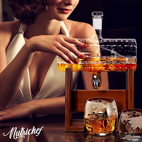 NutriChef Glass Whiskey Decanter with Glasses - 37oz Barrel Whiskey Carafe Alcohol Decanter Set, Decanter w/Spigot, Stopper & Base, for Brandy Wine Cognac Rum Gin Scotch Bourbon NutriChef