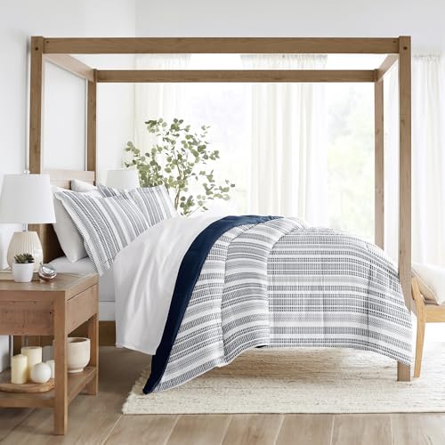 LINENS & HUTCH Comforter Set Patterned Microfiber All Season Down-Alternative Ultra Soft Bedding in Farmhouse Dreams - Full/Queen Farmhouse Dreams Navy LINENS & HUTCH