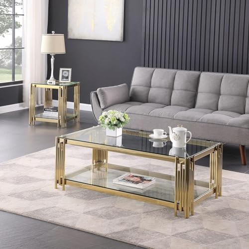 55 Inch Modern Luxury Console Table Clear Glass Sofa Table w/Gold Stainless Steel Pipe Frame, 2-Layer Narrow Table Accent Table for Living Room, Home Entayway Table Foyer Table for Entrance Hallway Henf
