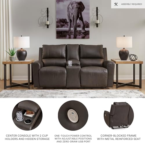 Signature Design by Ashley Boxmere Modern Leather Match Power Reclining Loveseat with Console and USB Ports, Dark Brown Signature Design by Ashley