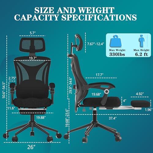 Ergonomic Office Chair with Footrest - Adjustable Lumbar Support & Headrest, 90-160° Reclining Mesh Back Computer Chair - Home Office/Gaming, 350lbs Capacity (SGS Certified) CYKOV