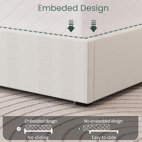 LARMACE Queen Size Bed Frame with 4 Storage Drawers and Wingback Headboard Linen Upholstered Platform Bed Frame with Wooden Slats, Easy Assembly, White LARMACE