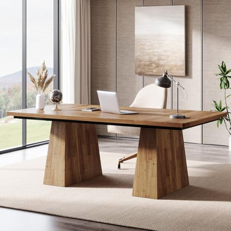 Tribesigns 63-Inch Executive Desk, Large Office Computer Desk with Double Pedestal, Modern Simple Workstations Writing Table Conference Table Business Furniture for Home Office, Light Brown Tribesigns
