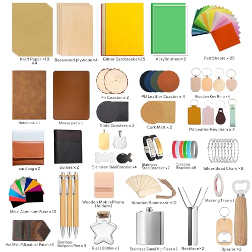 144 PCS Laser Engraving Material Kit, 29 Kinds of Laser Engraving Supplies Including Acrylic, Wood, PU Leather, Glass, Metal, Rock, Fabric, Rubber Materials for Laser Cutter Engraver Mossaestheticoy