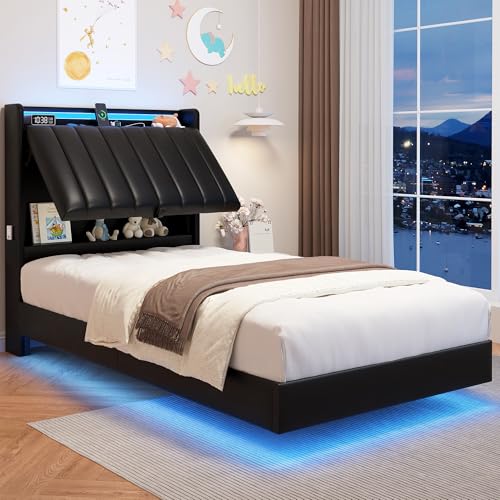 Twin Size Floating Bed Frame with Ergonomic Hidden Storage Headboard and LED Light,Visual Floating Bed Frame with Charing Station,Leather Upholstered Platform Bed for Kids/Boys/Girls,Heavy Duty,Black Jocoevol