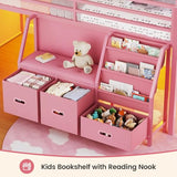 ADORNEVE Low Loft Bed Twin Size with Bookshelf, Reading Nook, LED Kids Loft Bed with 3 Drawers, Under-Bed Play Space, House Loft Beds with Safety Guardrail, Inclined Ladde & Play Curtain, Pink ADORNEVE