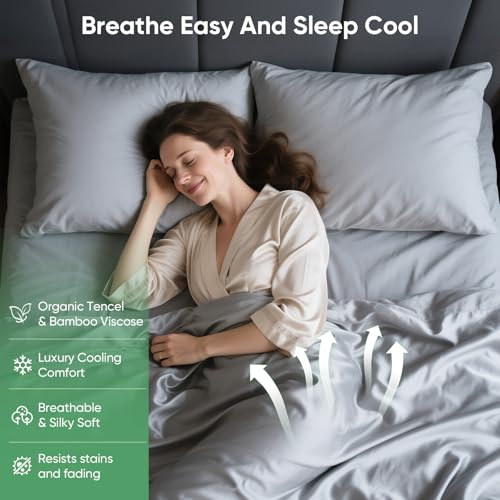 Luxury Organic Tencel & Viscose from Bamboo Cooling Sheet Set,Silky Soft Lyocell Sheets with Deep Pocket, Hypoallergenic & Breathable Bedding with Pillowcases (Gray, King) Pillcase