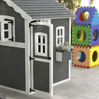 Outsunny Playhouse for Kids Outdoor, Wooden Playhouse with Floors, Doors, Windows, Planter Box, for 3-8 Years Old, Backyard, Lawn, Garden, Gray