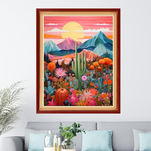 Dimxvean Stamped Cross Stitch Kits,Cross Stitch Kits for Adults Beginners,Embroidery Kits Full Range of Cross Stitch Stamped Kits Needlepoint Kits Cross Stitch Patterns-Sunrise Cactus 16x20 inch