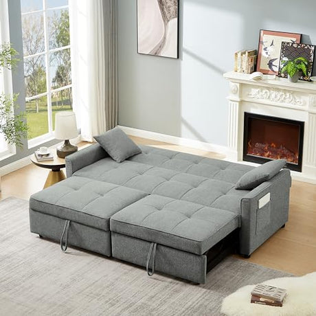 HKQYON 3 in 1 Sleeper Sofa Bed, Modern Fabric Loveseat Futon with Reclining Backrest and Pillows, Small Love Seat for Living Room Furniture in Grey HKQYON