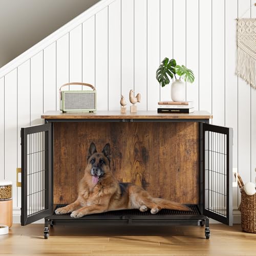 37.5 Inch Wooden Dog Crate with Wheels - Furniture Style Pet Kennel for Small to Medium Dogs Up to 66 Lbs - Multi-Purpose Removable Tray, Decorative Indoor Dog House, Sturdy & Stylish Design Hipicute