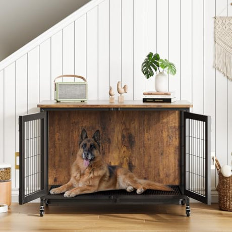 37.5 Inch Wooden Dog Crate with Wheels - Furniture Style Pet Kennel for Small to Medium Dogs Up to 66 Lbs - Multi-Purpose Removable Tray, Decorative Indoor Dog House, Sturdy & Stylish Design Hipicute